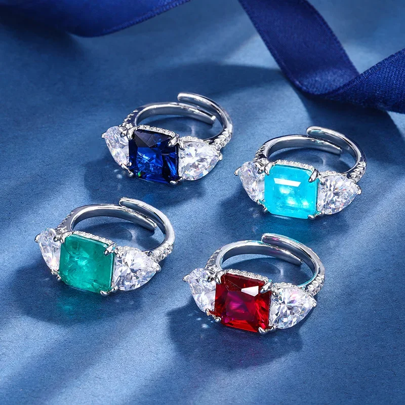 S925 Silver Plated 18K Gold Plated PT950 Platinum Colored Gemstone Square Inlaid 10*10 Retro Ring Women's Jewelry