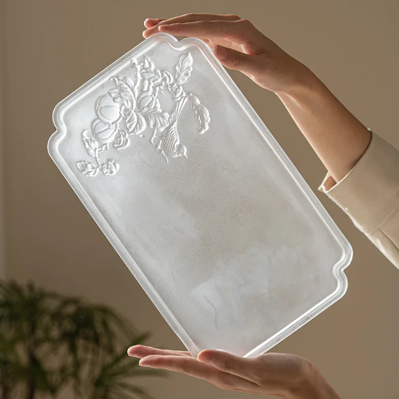 

Handmade Relief Persimmon Joyful Tea Tray Frosted Crystal Glass Rectangular Fruit Plate Tea Board Dishes For Serving Tea Items