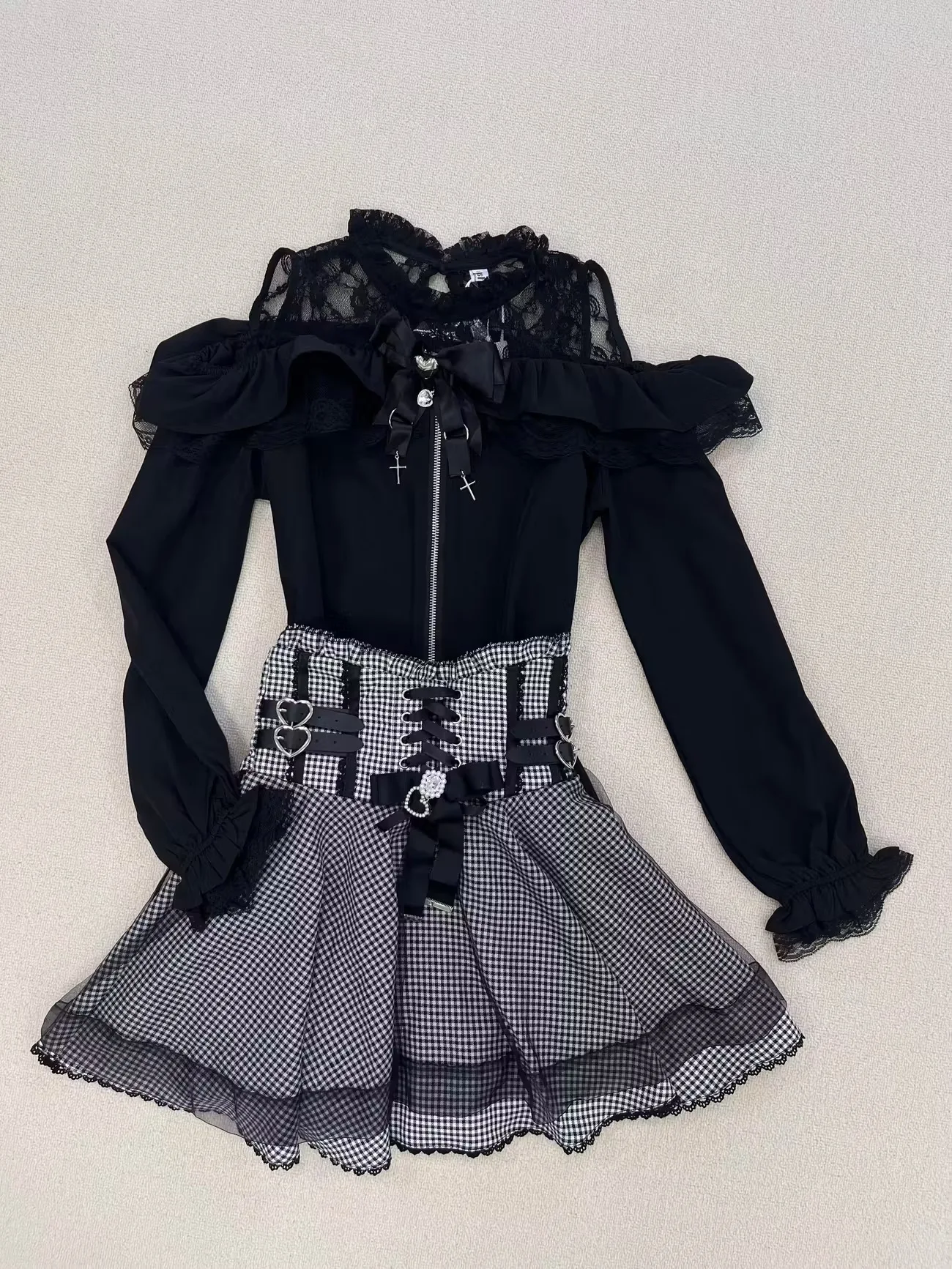 Autumn Winter Japanese Lolita Women 2 Piece Set Off-the-shoulder Lace Tops + High Waisted Short Skirt Harajuku Party Dark Outfit