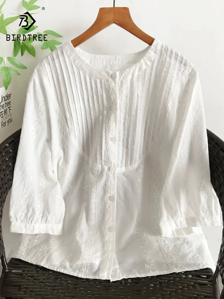 

New 2026 Summer Women Cotton Half Sleeve Shirt, O Neck Embroidery Folds, Mori Girl French OL Casual Thin Loose Blouse T64154CC