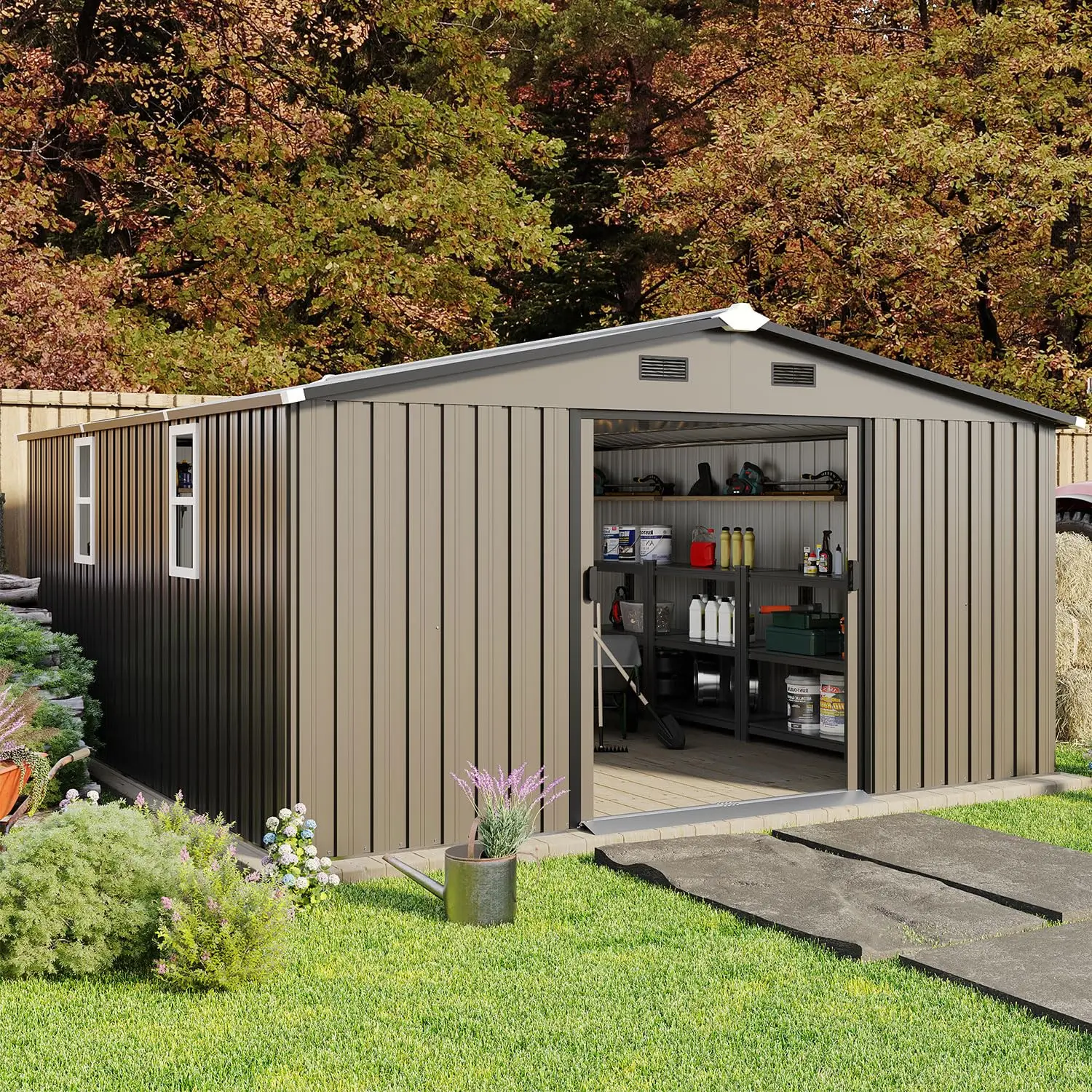 

10x12FT Galvanized Steel Outdoor Storage Shed Lockable Door Vents Waterproof UV Backyard Patio, Custom