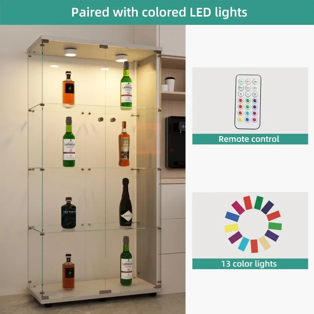 Vitrine de vidro com luzes LED, Portas de vidro com fechadura, Casos de exposição claros, Armário Branco