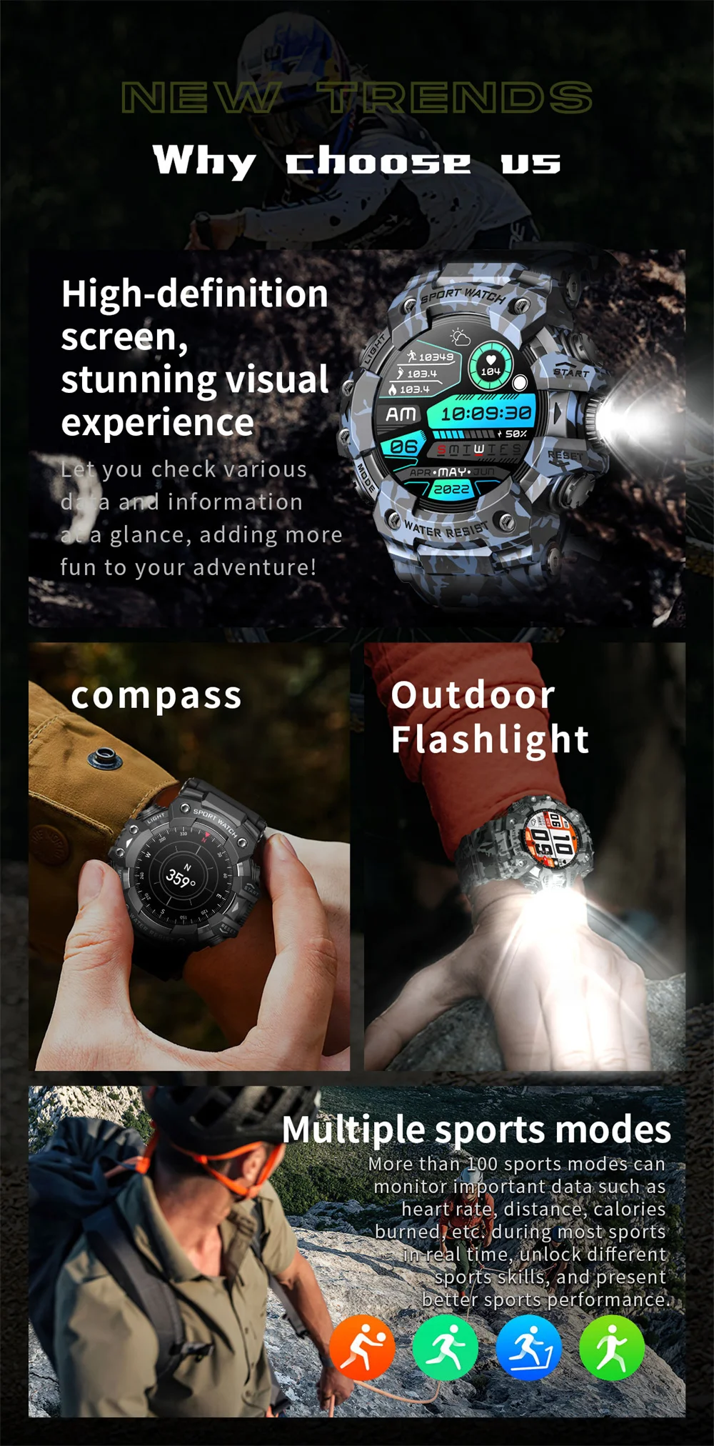 Inteligentny zegarek wodoodporny męski kompas sportowy latarka LED Smartwatch tętno zdrowie monitor snu zegarek Bluetooth SOS LC21