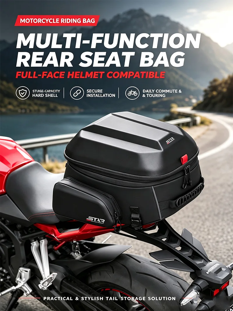 Star Knight SKB395 54L Hard Shell Tail Bag, Waterproof Motorcycle Rear Luggage Helmet Backpack for Scooter Dirt Bike Motorbike