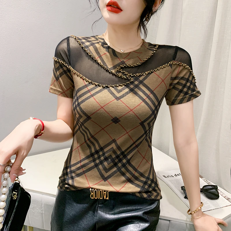 MadBlack Summer European Clothes T-Shirt Woman O Necks Mesh Patchwork Diamonds Slim Tops Short Sleeve Elastic Tees T34524C