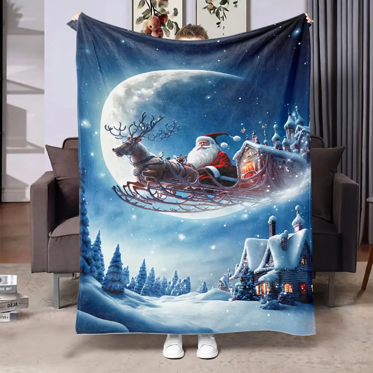 Santa Claus Print Flannel Throw Blanket, Soft Cozy Knitted Polyester Blanket for Sofa, Bed, Camping, Travel, Adult Multi-Season