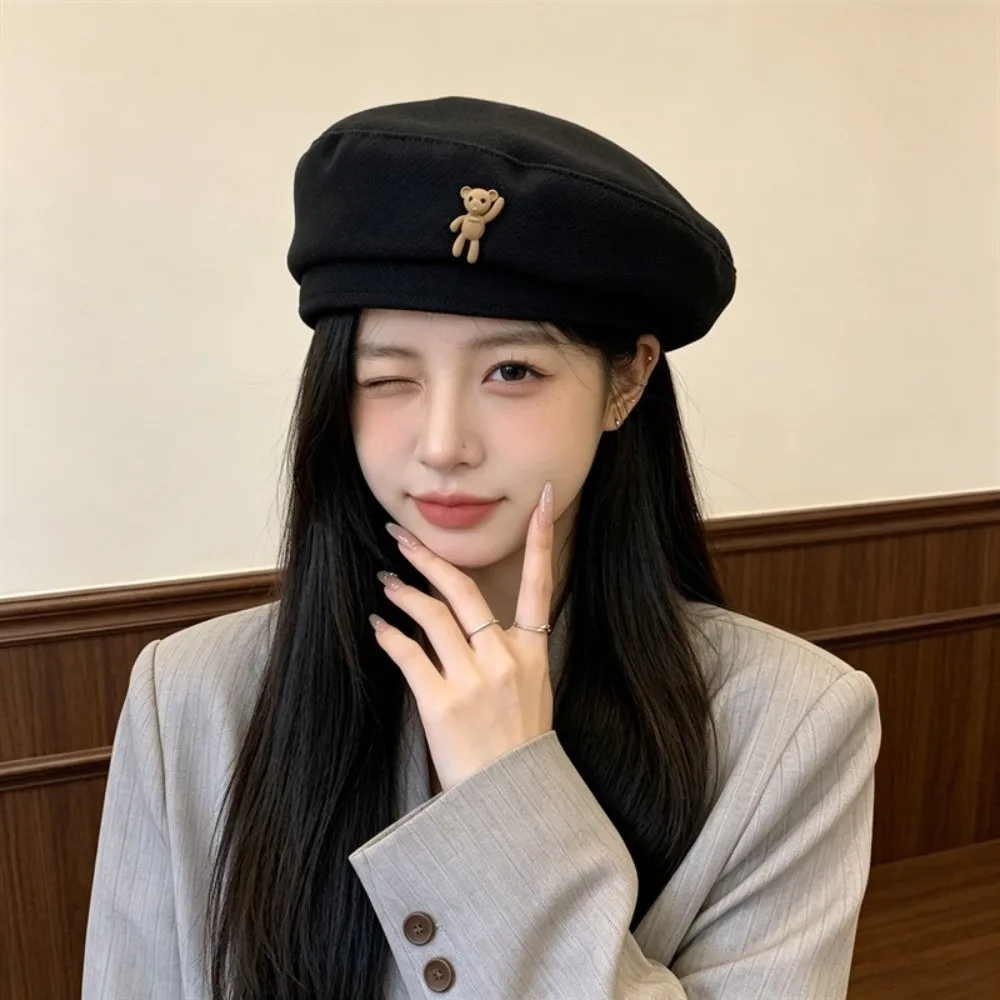 Soft Vintage Beret Hat Heart Decor Thermal Texture Cartoon Bear Cap Classic Color Lightweight Newsboy Octagonal Hat
