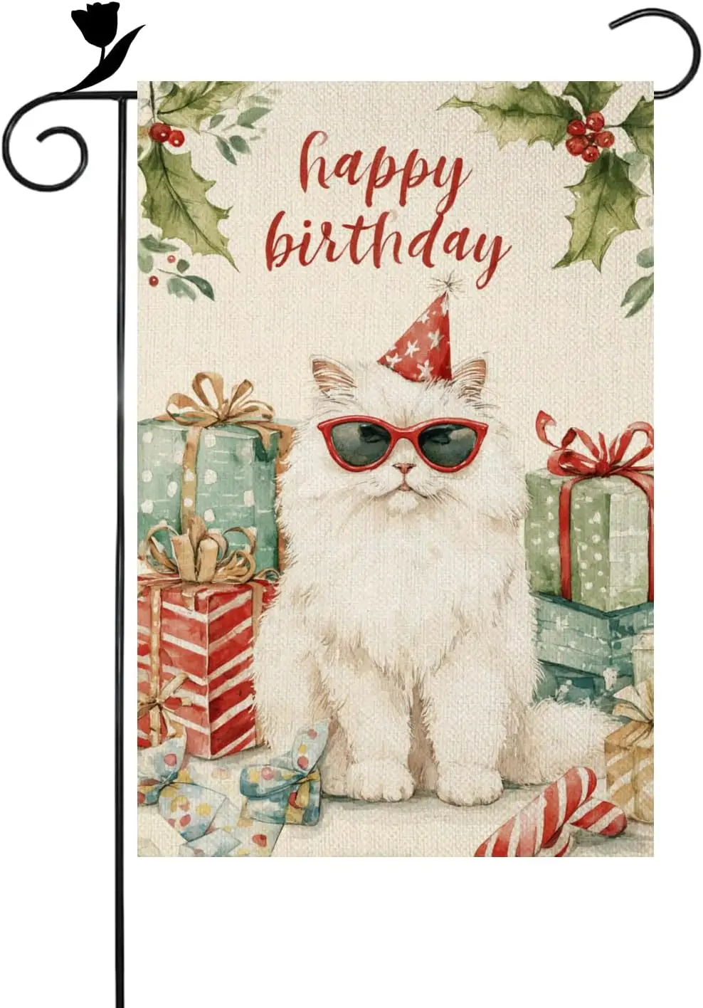 Ice ink Happy Birthday Persian Cat Mistletoe Candy Hat 12x18 Inch Double Sided Linen Small Yard Flag House Flags for Outdoor AAS