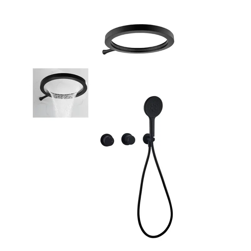 New Arrival 2 Way square Matt Black Waterfall Shower Faucet Set Concealed Wall Mounted Brass Bathroom Shower Mixer Shower Set