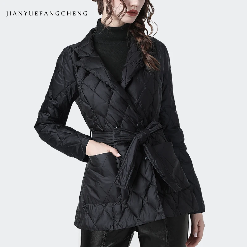 

Stylish Women's Lightweight Black Down Jacket with Waist Belt and Pockets - Warm White Duck Down Filled Winter Coat