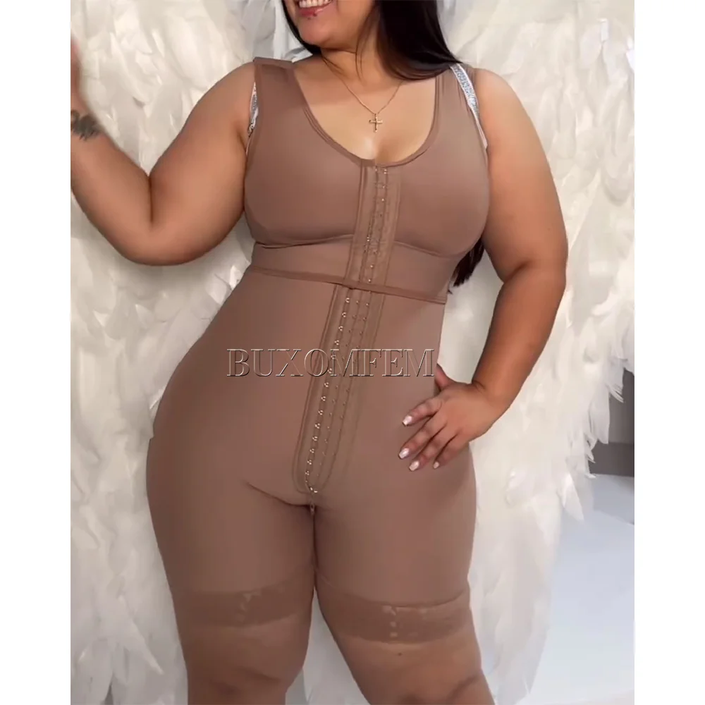 Sexy Push Up Mesh Hip Full Body Shaper Heavily Shaped Front Breasted Fajas with Adjustable Straps Bodysuits for Oversized Ladies