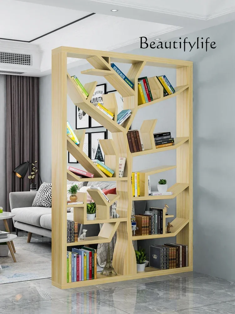 American Creative Tree Bookshelf Solid Wood Floor Screen Partition Shelf No Punching Display Cabinet