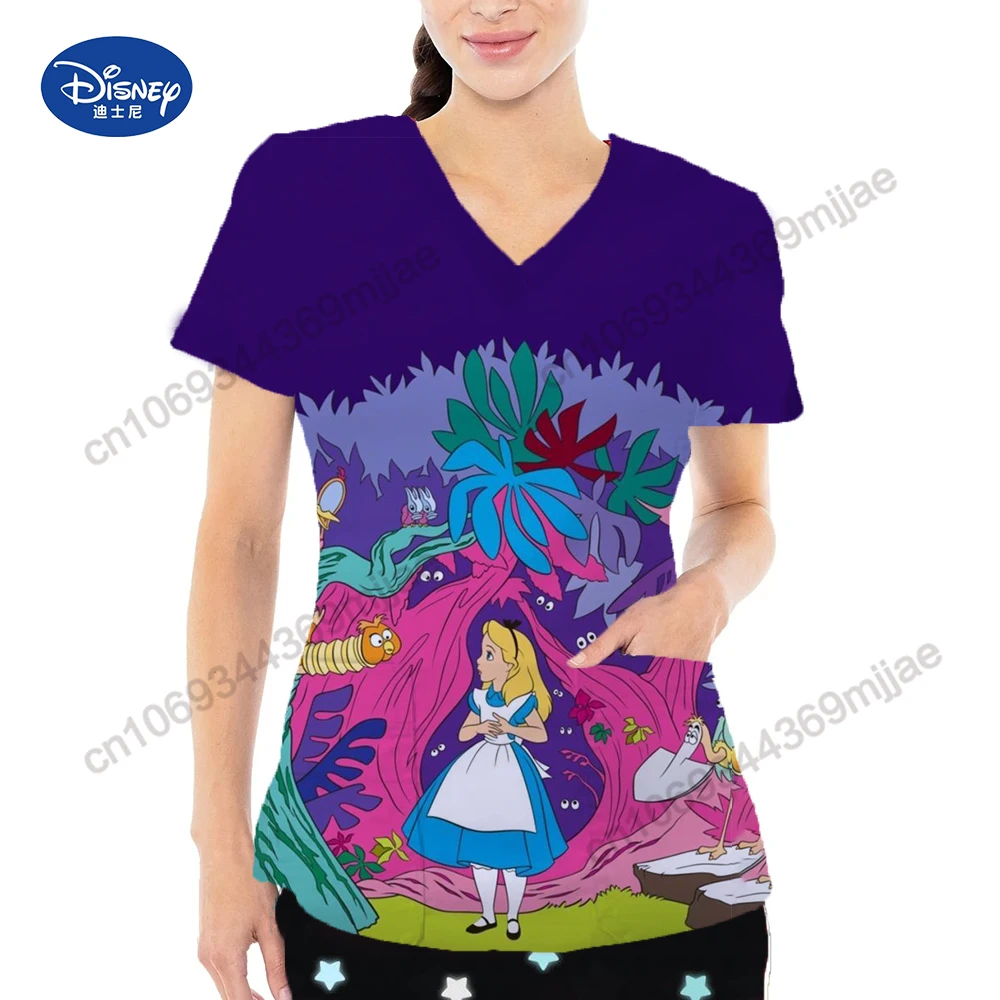 2024 Summer New pretty Disney Cartoon pattern Double Pocket V-Neck Design Y2k Style Women's Comfortable Charming nurse's uniform