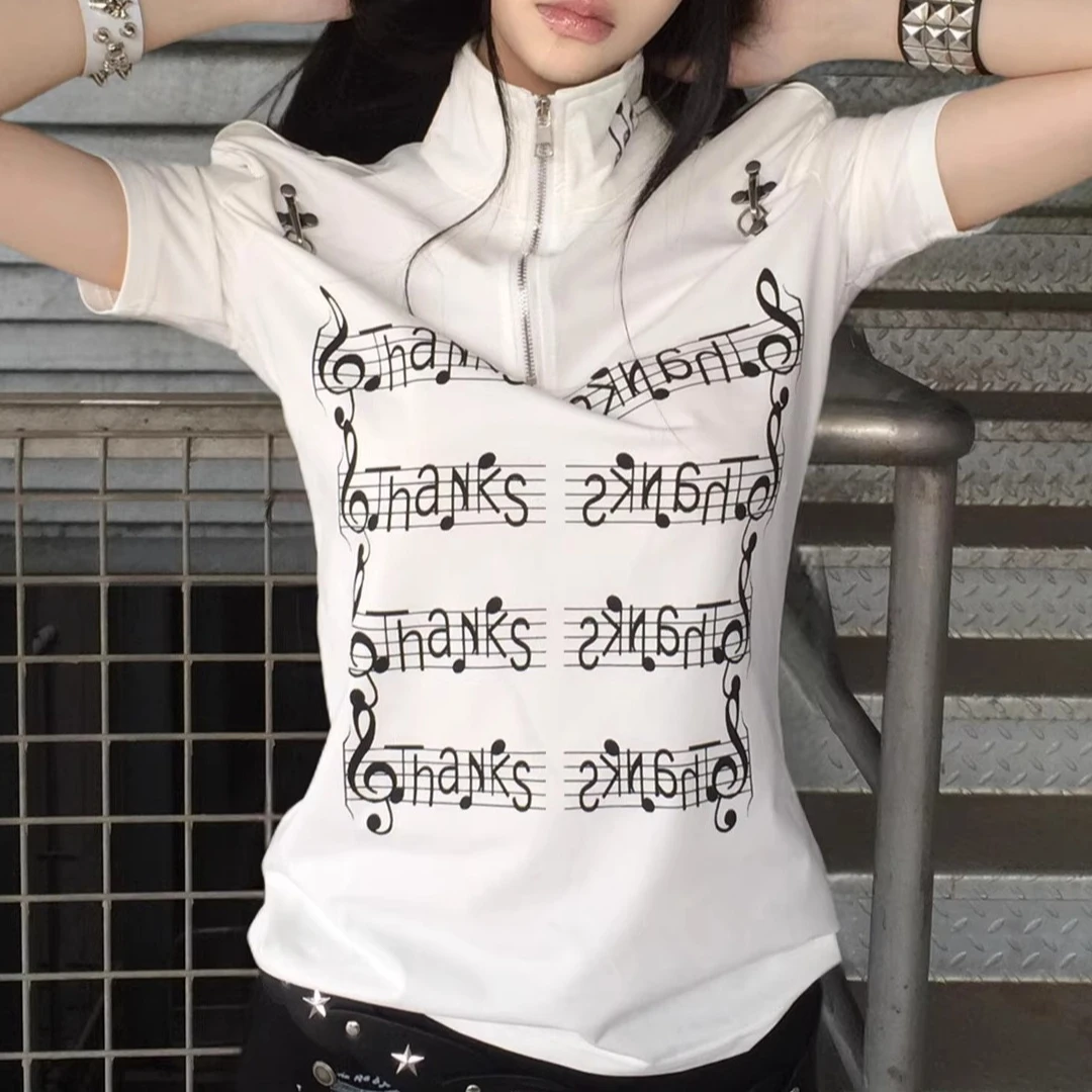 Gothic Music Note Zip Up T-Shirt Y2K Slim Fit Stand Collar Short Sleeve Tee | Punk Aesthetic Streetwear Top Women 2000s E-girl