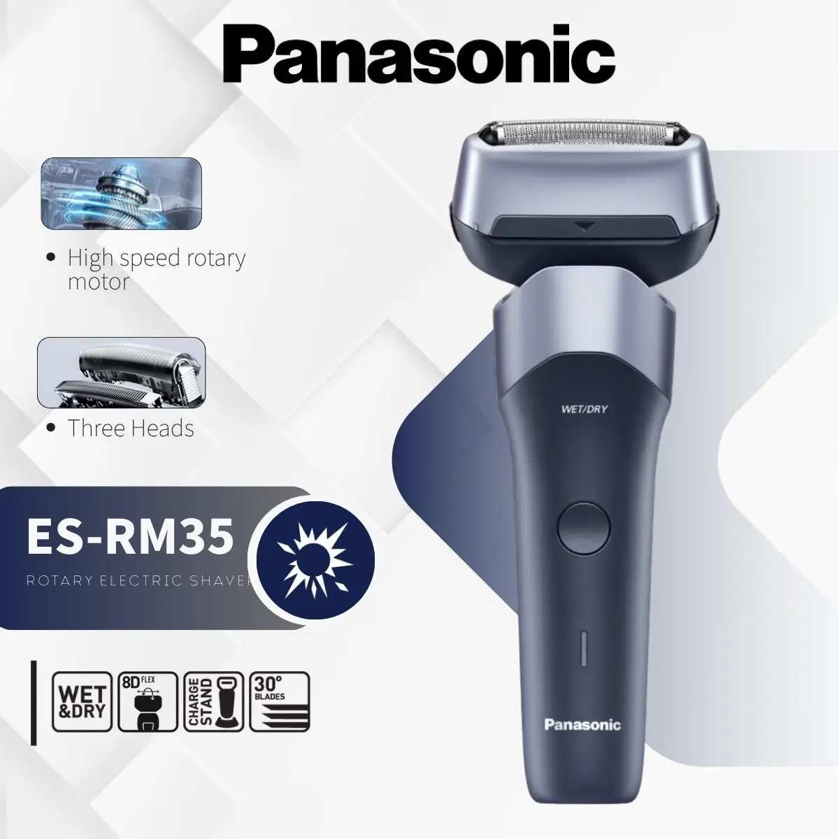 Afeitadora eléctrica Panasonic ES-RM35 para hombre, sistema de 3 hojas con 30 ° Cuchillas afiladas, uso húmedo y seco, recargables, fabricadas en Japón