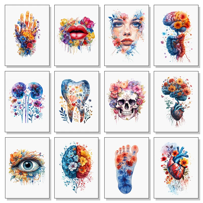 Anatomie Herz Lunge Gehirn DNA Blumen Aquarell Gemälde Poster Drucke Diamantmalerei Wandkunst Bild Wohnzimmer Heim-Deko