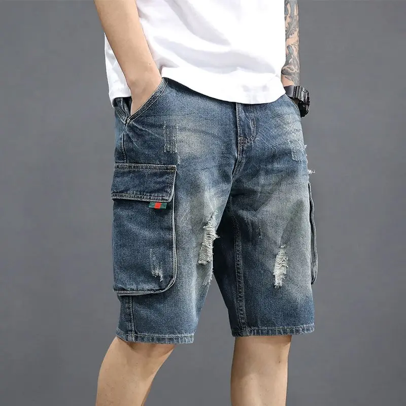 Male Denim Shorts Blue Long Ripped Bermuda Half Men\'s Short Jeans Pants Trend 2024 New in Korean Fashion Xl Vintage Jorts Y2k