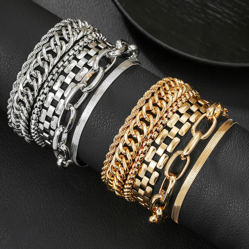 

6Pcs Vintage Chunky Chain Bracelet Set for Women Punk Metal Twisted Designs Multi Layered Bracelets Daily Wear Jewelry Gift