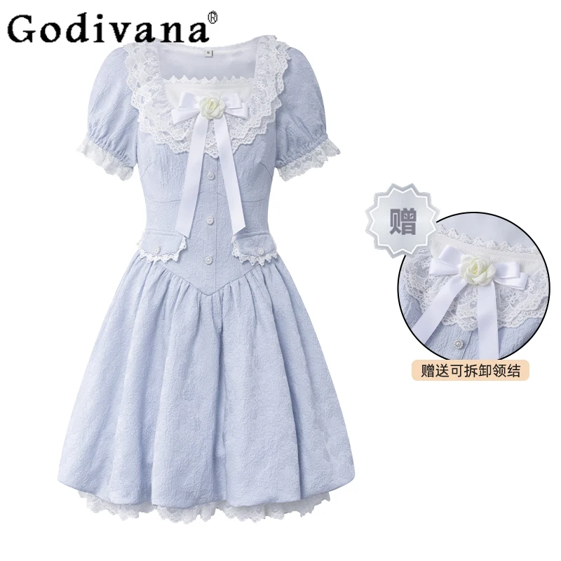 

Temperament French Retro Lace Puff Sleeve Summer Light Blue Japanese Dress Girl New Sweet Bow JK A-line Short Princess Dresses