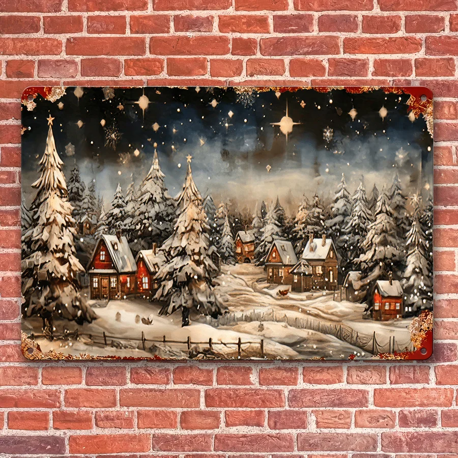 1pc Vintage Rustic Christmas Metal Tin Sign - Heavy-Duty Iron Winter Village Wall Art with Red-Roofed Houses, Snowy Pine Trees &