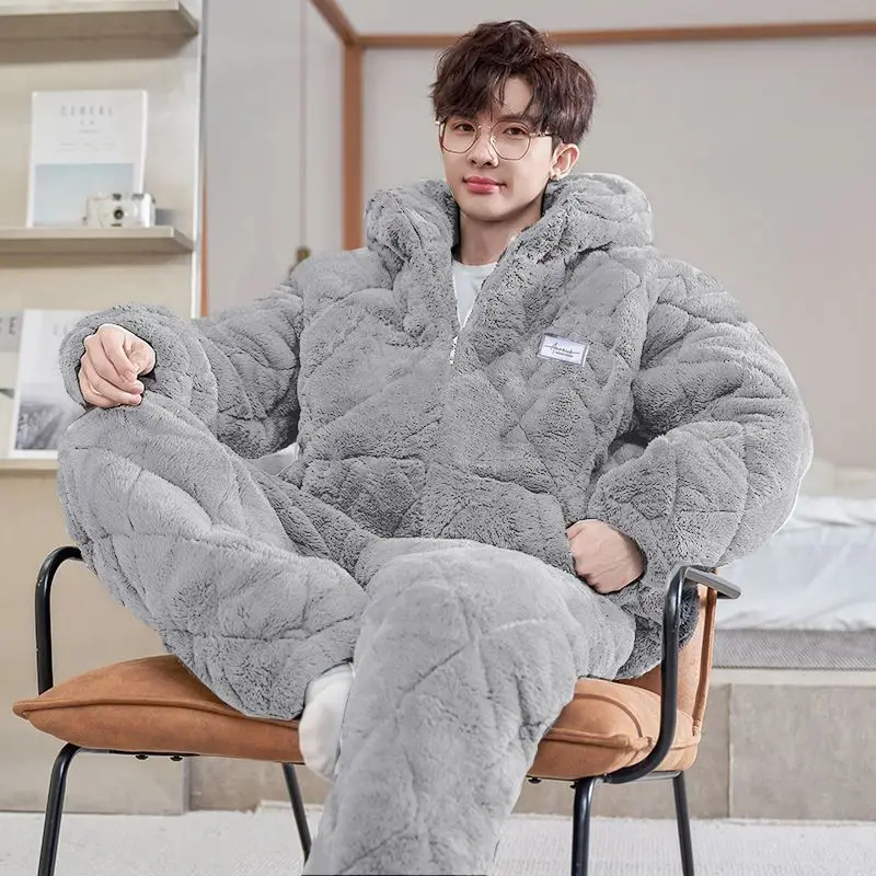 

Зимняя теплая фланелевая домашняя одежда с капюшоном для мужчин, кардиган, домашняя одежда, кардиган, 2026, новый пижамный комплект, мужские пижамы большого размера L-3XL