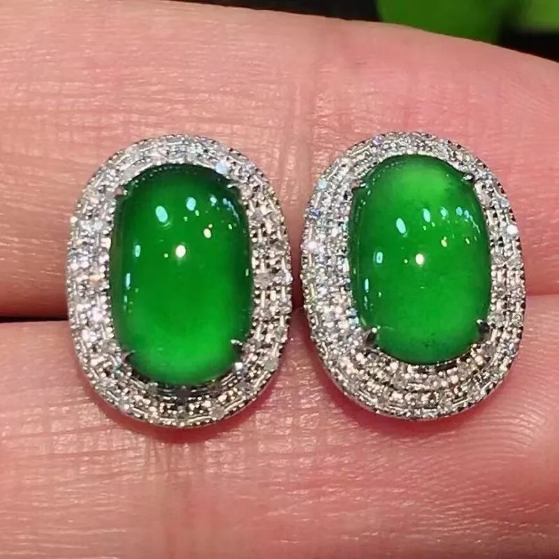 Classic Design Natural Green Chalcedony Oval Earings Stud Silver Crystal Shining Earrings for Women Fashion Light Luxury Jewelry
