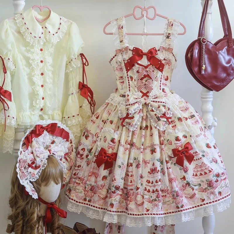 Japanese Girls Lolita Short Sleeve Dress OP Women's Cute Bow Strawberry Print Kawaii Birthday Dress Y2K Princess Dress Vestidos