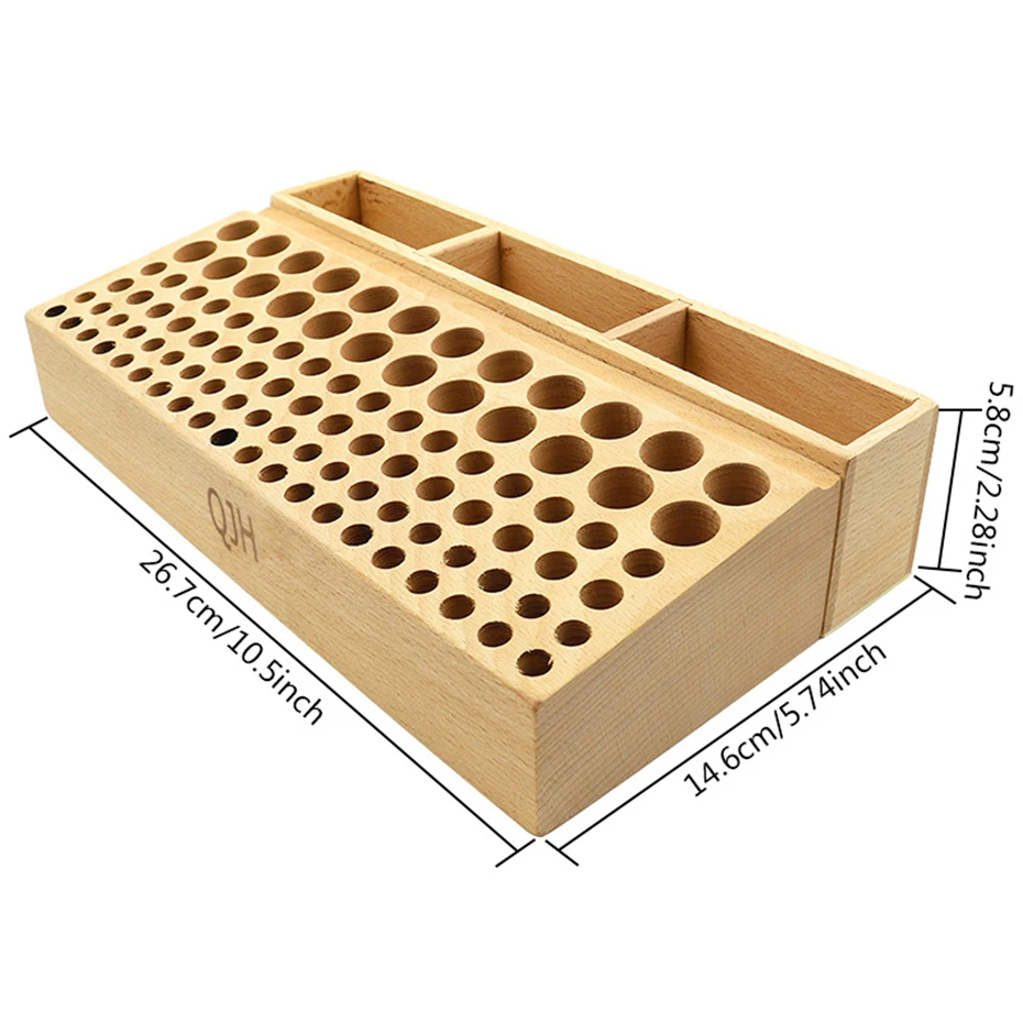 QJH Handwerkzeughalter-Box mit 46/98 Löchern, Organizer, Holzständer für Lederhandwerk, Stanzwerkzeuge, Schnitzwerkzeuge, Bohrer-Aufbewahrung – Detail 5
