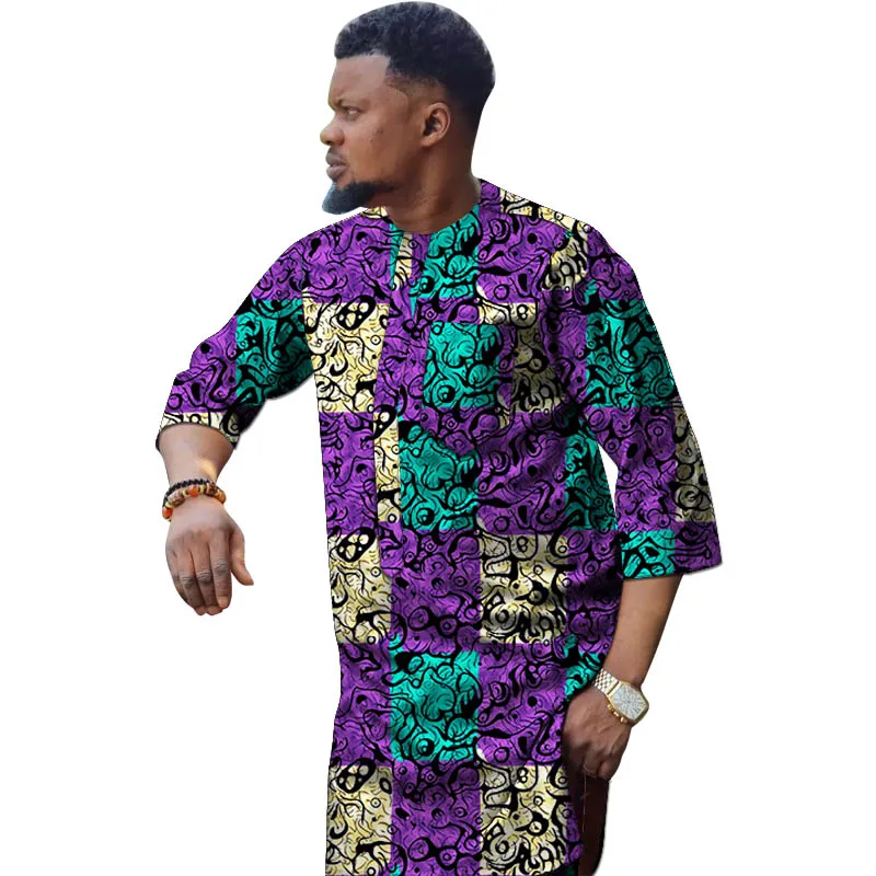 Nigerian Fashion Men's Shirt 3/4 Sleeve Ankara Tops Tailor Design Made Male African Wedding Party Wear