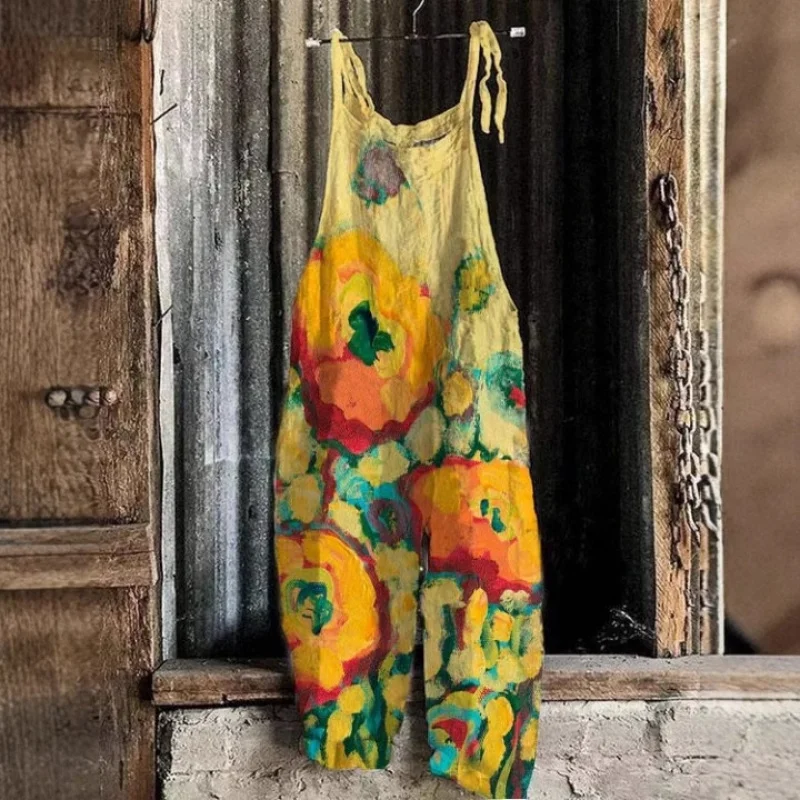 

2025 Popular Summer New Women's Slub Linen Suspender Pants Printed Strap Casual Jumpsuit Beach Pants