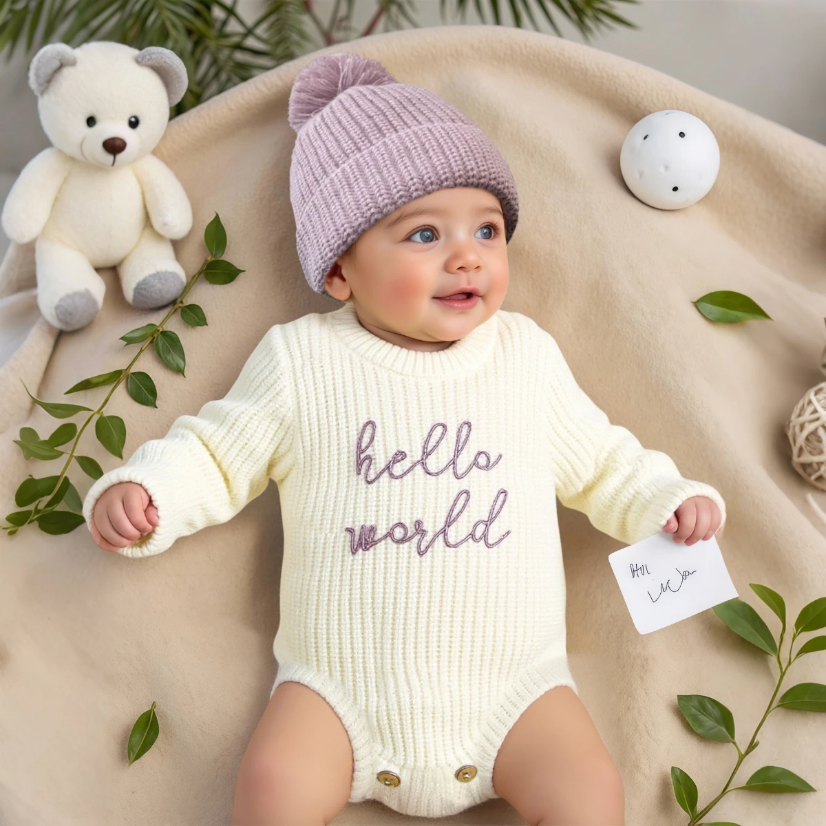 

Ylsteed Hello World вязаный комбинезон для фотосъемки новорожденных с подходящей шапкой с помпоном, свитер для маленьких мальчиков и девочек, наряды для фотосессии