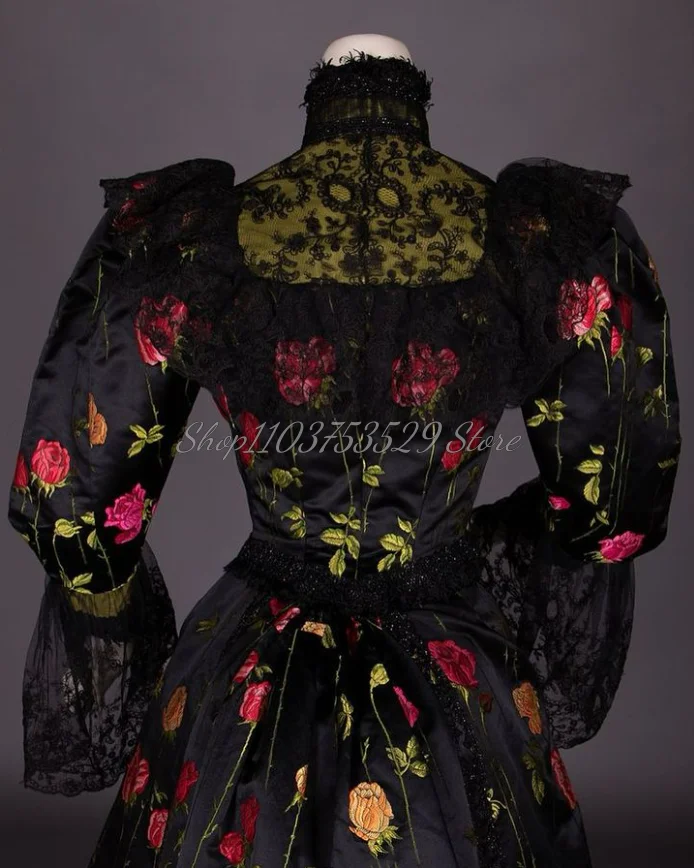 Delicate Square Neck Black Victorian Prom Dress Elegant Floral Embroidery High Neck Flared Sleeve Embroidered Lace Customised