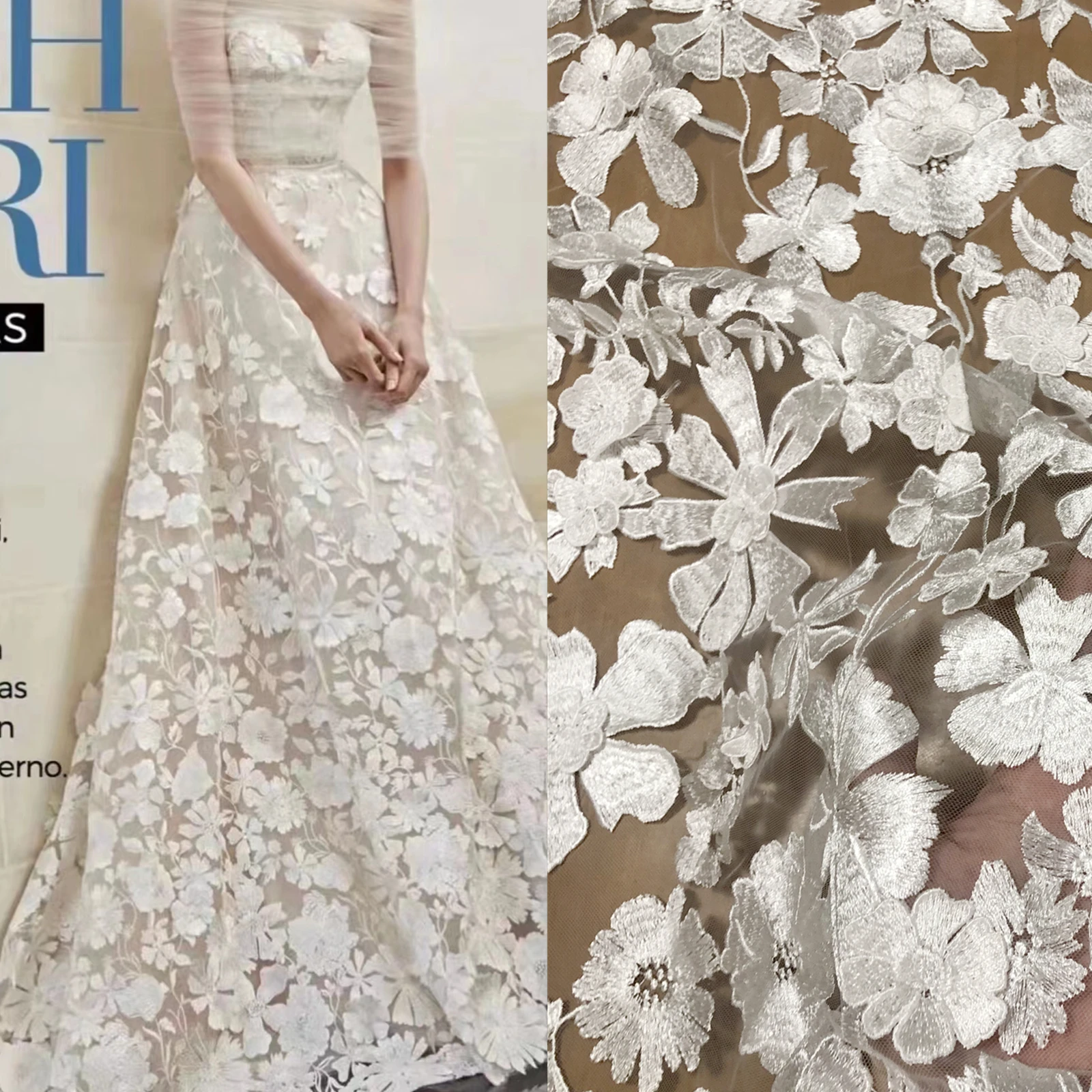 

New Handmade 3D Flower Wedding Dress Evening Dress Embroidery Fabric Fashion Clothing Dress Lace Fabrics