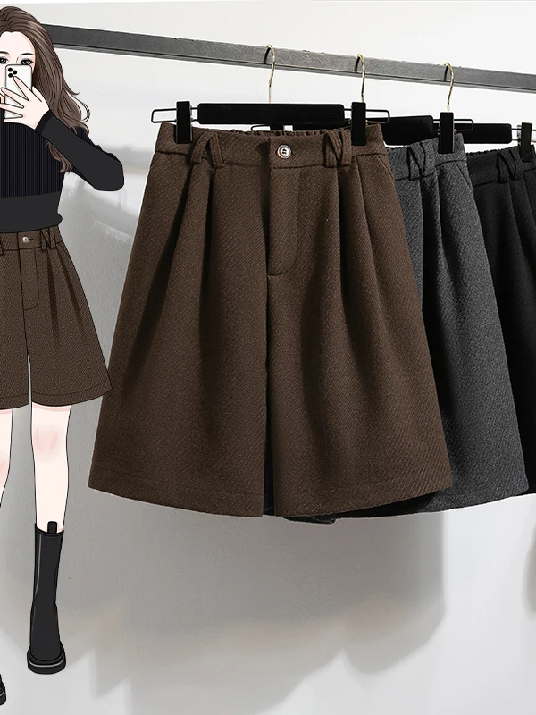 Slimming Straight Leg Five-Quarter Pants plus Size Women's Loose High Waist Simple Woolen Wide Leg Trousers Casual High Waist