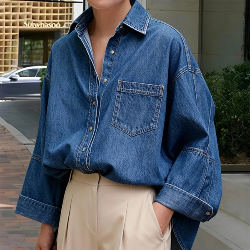 

Loose Fit Long Sleeve Button Denim Blouse for Woman 2026 New Relaxed Fit Blue Shirt Fashion Office Streetwear Outfit Top