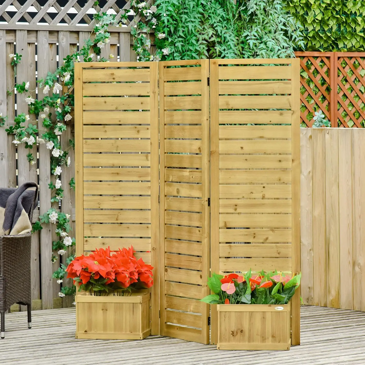 Outsunny Freestanding Outdoor Privacy Screen, 4 Self-Draining Planters/Raised Garden Beds, 3 Hinged Panels for Hot Tub, Patio