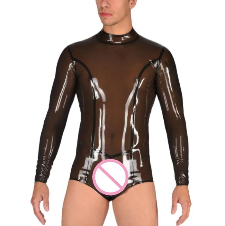 

Made of 0.4mm thickness natural transparent black men's latex bodysuit with back zipper decorations