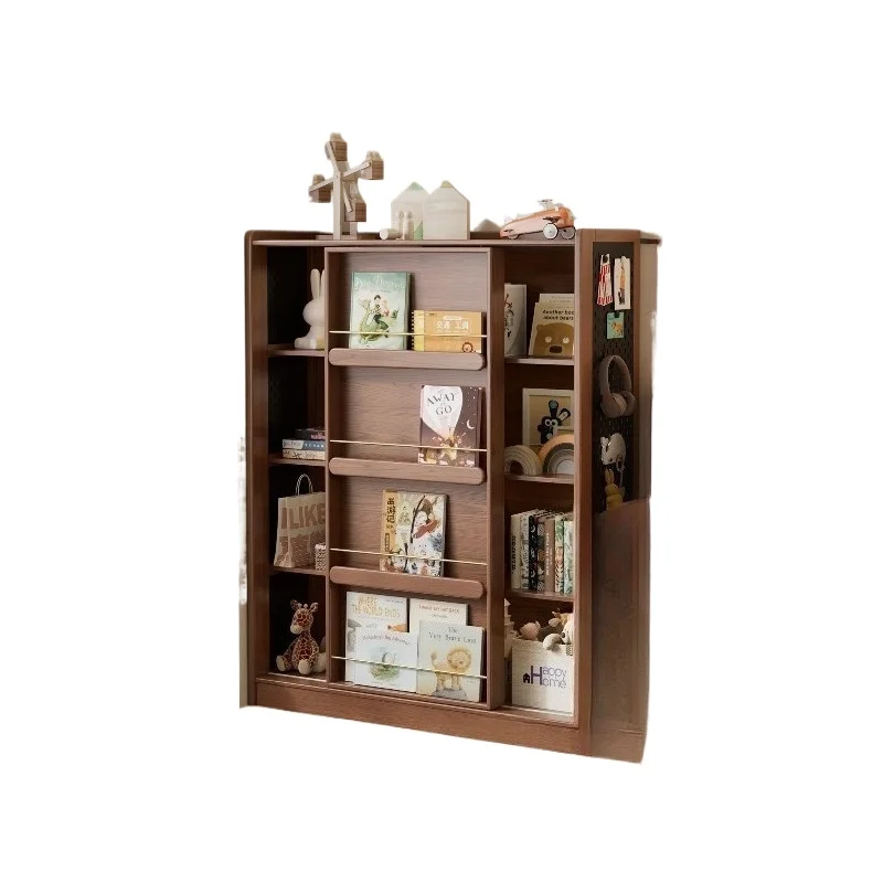 Solid wood bookshelf Floor-to-ceiling shelf Bookcase Locker integrated against the wall, multi-layer picture book rack sliding