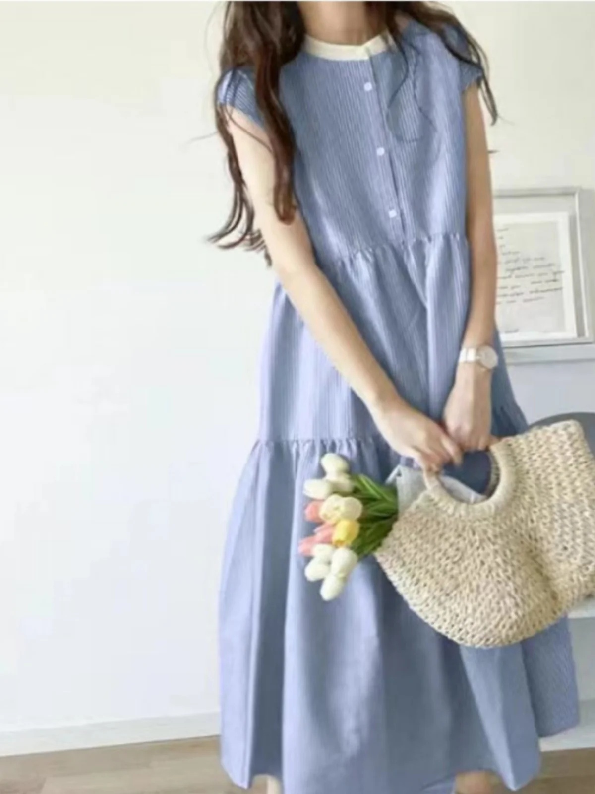 Cotton Linen Shirt Dress round Neck Button A-Line Doll Skirt Loose Sweet Sleeveless Striped Lace Hem Commute Style Fashion Su...