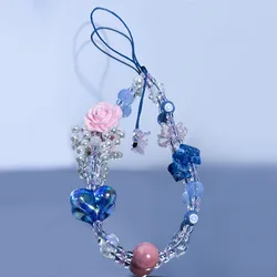 Pink Rose Flower Phone Charm Strap Royal Blue Heart Star Beads Cute Pearl Bowknot Keychain Lanyard Girl Woman Bag Camera Decor