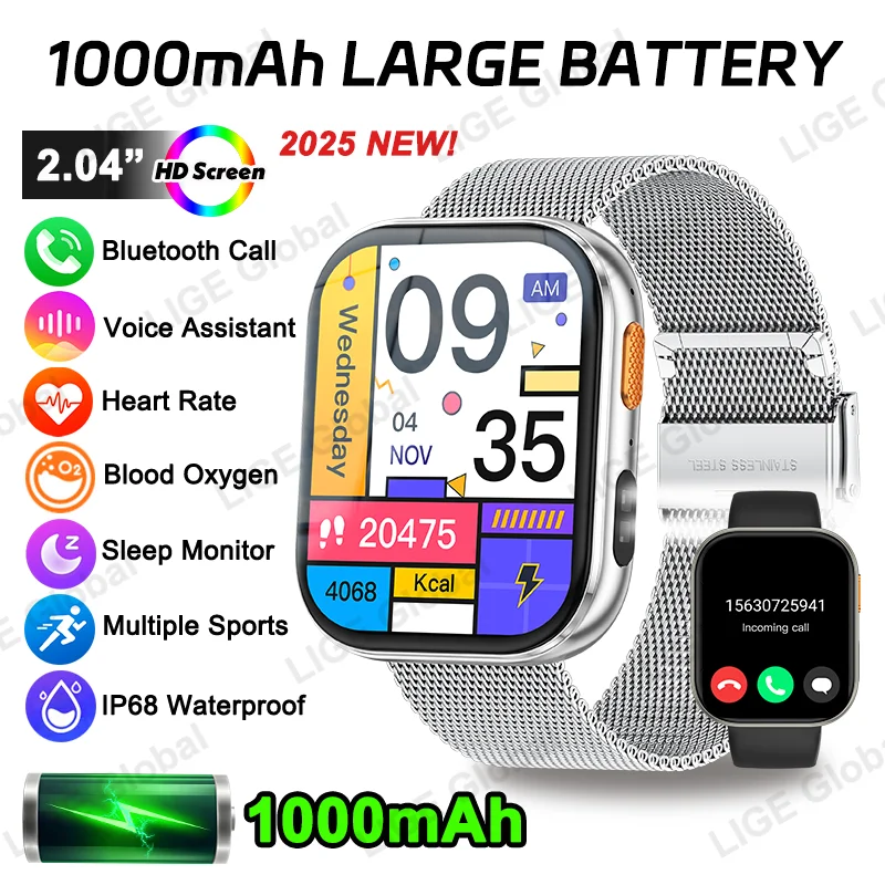 

LIGE New 1000mAh Large Battery Smart Watch Men Women IP68 Waterproof Flashlight 2.04" HD Voice Calling Sports Fashion Smartwatch