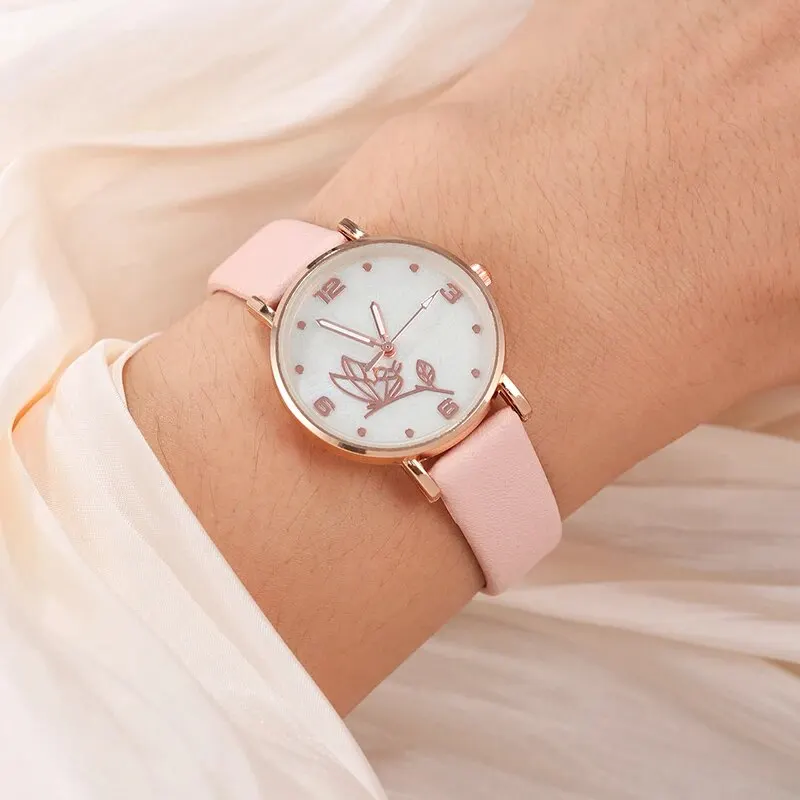 6PCS Set Women Butterfly Dial Watch Brand Female Clock Pink Leather Band Ladies Watches Fashion Casual Quartz Wristwatche