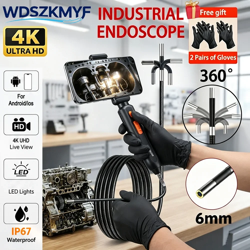 Industrial 4K UHD 360° Bidirectional Articulated Inspection Borescope Endoscope IP67Waterproof Probe Camera Work For iOS Android