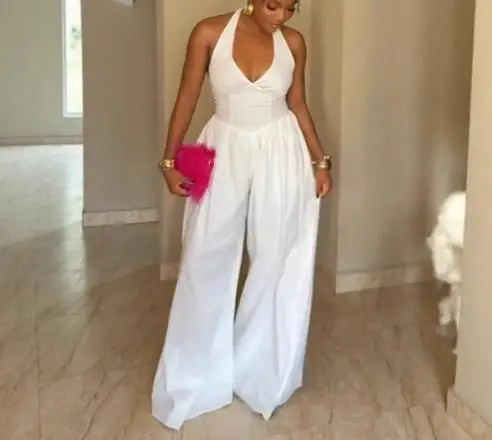 Urban Jumpsuit Woman 2025 Casual Elegant Sexy Neck Hanging V-Neck Backless Slim Fit Solid Color Loose Wide Leg Long Jumpsuit