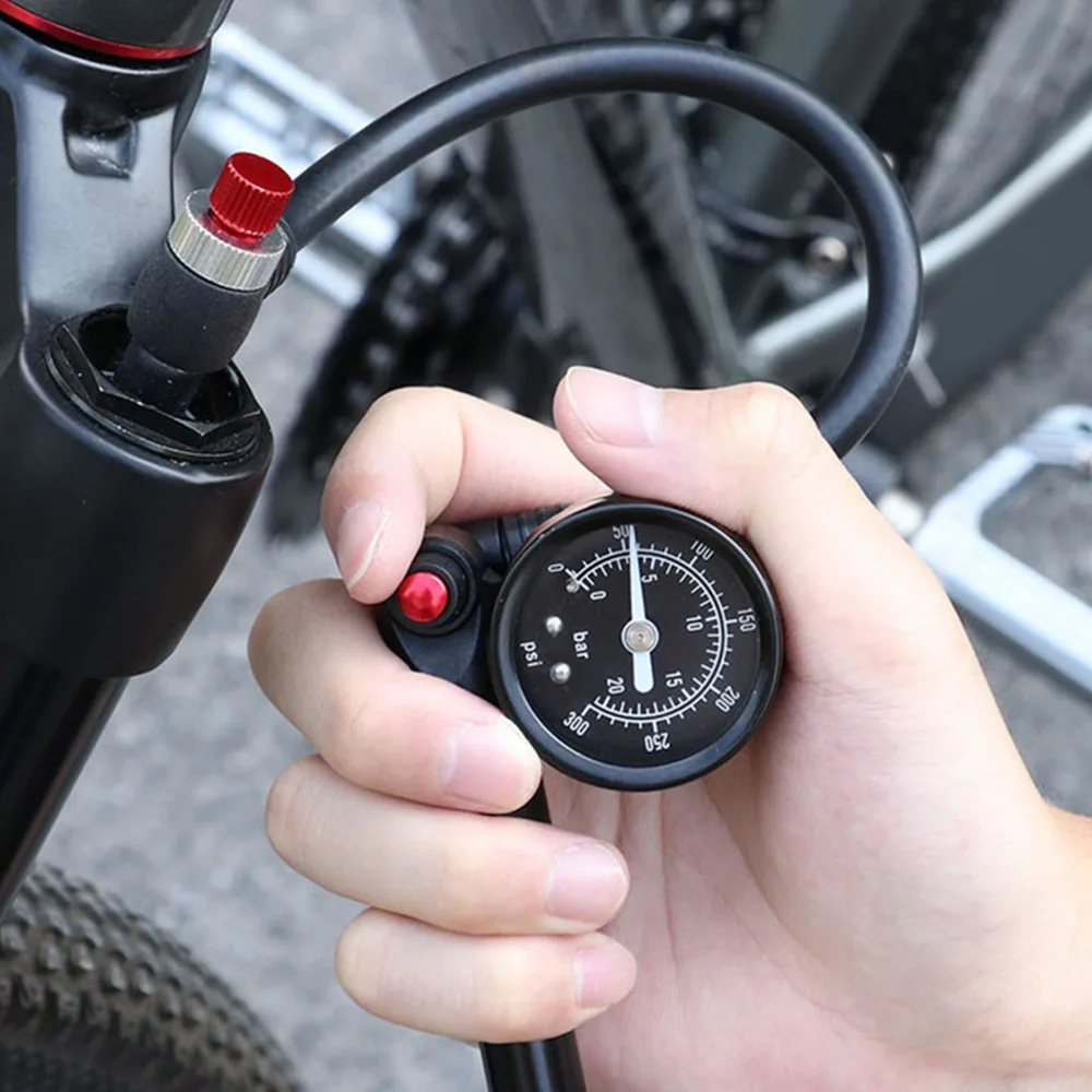 300PSI Bike Shock Pump Aluminum Alloy for Schrader Tire Valve High Pressure Shock Pump 250 Mm Length 360 Degree Rotating Hose