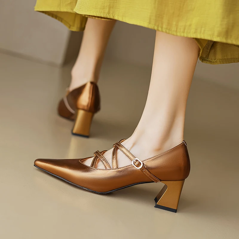 2024 spring women pumps natural leather shoes 22-24.5cm sheepskin+cowhide+pigskin pointed toe cross-tied Mary Jane shoes women