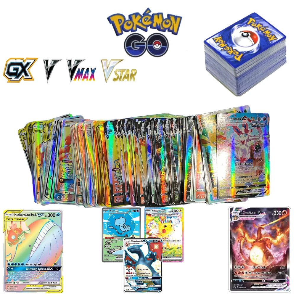 Cartas de juego de Pokémon, 60/100/200 Uds., inglés, alemán, español, coreano, francés, Pikachu Charizard, cartas de juego comerciales de Anime, regalos de juguete PTCG