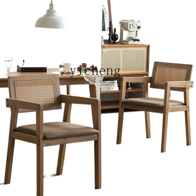 XL Solid Wood Rattan Dining Chair Dining Room Stool Long Sitting Not Tired Retro Affordable Luxury Single Chang Chair