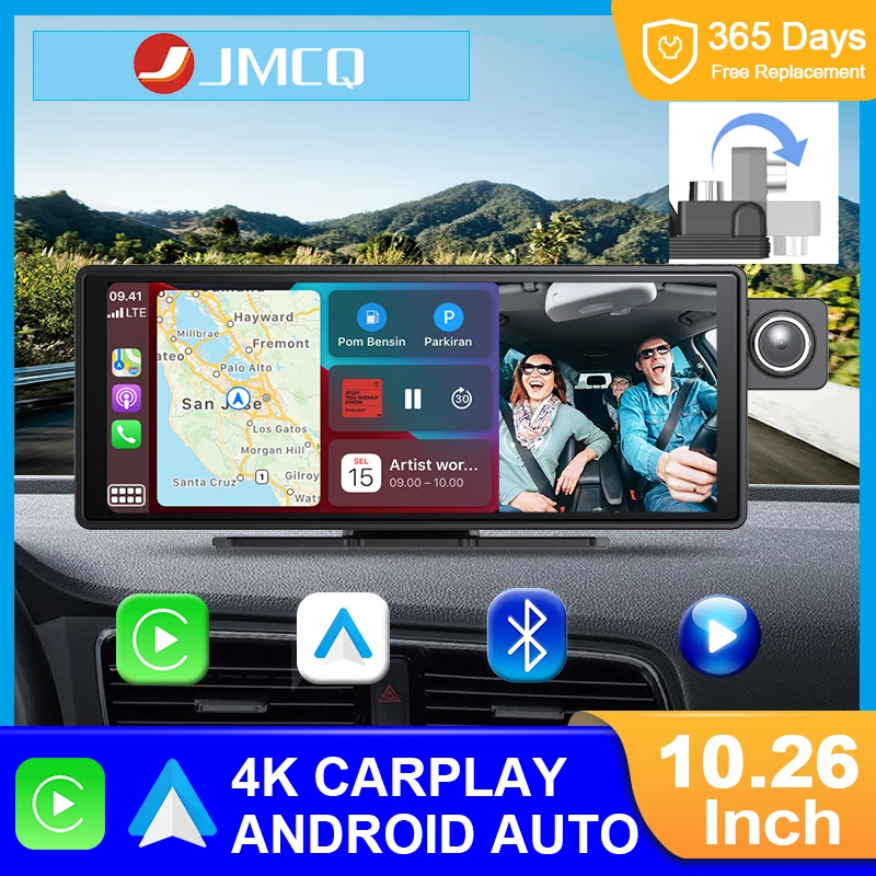 

JMCQ 10.26 Inch Dash Camera 4K Car DVR Wireless Carplay & Android Auto WiFi Bluetooth GPS Adjustable Front Lens Navigation DVR