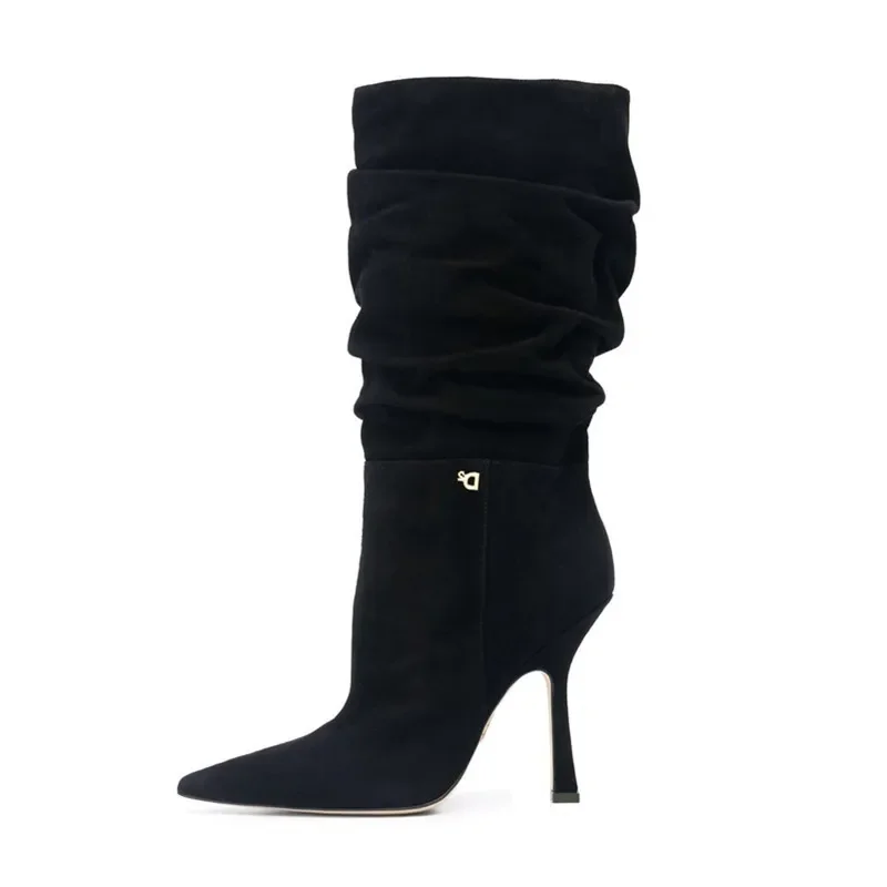 2025 New Leopard Print Mid-tube Boots Profiled High Heel Side Zipper Boots Women's Gold Black Pointed Toe Pleated Boots